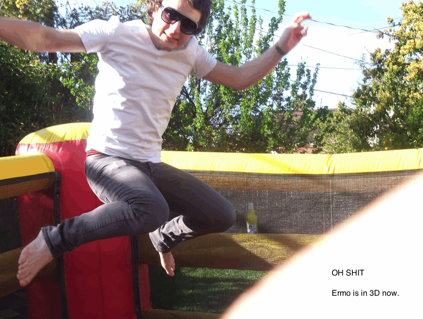 Ermo is now in 3D! 3D image of Ermo jumping.